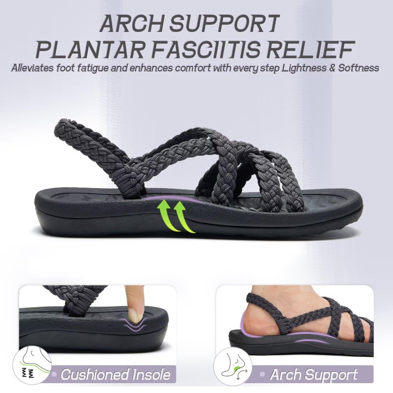 MEGNYA Women's Athletic Cushion Sport Sandals, Lightweigh Braided Slide Sandals with Arch Support, Comfortable Walking Shoes for Outdoor Hiking Travel Dark Grey Size 8 - Image 3